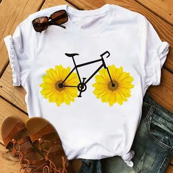 Premium Noi, Amuzante Biciclete Cu Floarea-Soarelui Femei Tricou De Vara Harajuku Maneca Scurta Alb T Shirt Desene Animate Casual Femei Topuri Tricouri