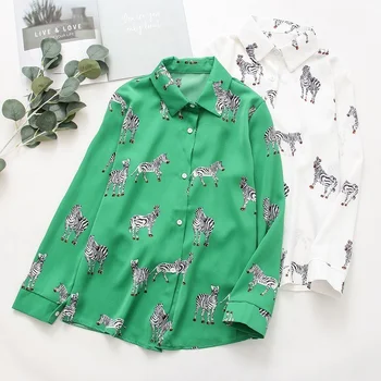 QWEEK Satin Bluza Femei Mătase Zebră de Imprimare Tricouri cu Maneca Lunga Vintage de Birou Doamnelor Topuri Femme 2021 Moda Verde Bluze Elegante