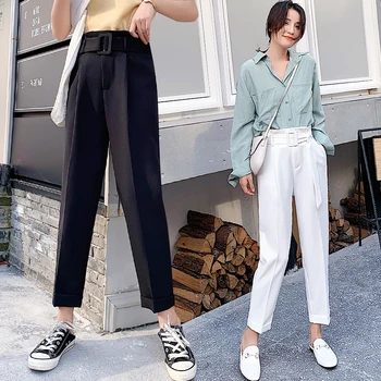 REALEFT 2020 coreene Noi OL Stil Femei Albe Formale Rău Pantaloni, Eșarfe Talie Mare Elegante Office Lady Glezna-Lungime Pantaloni Buzunare