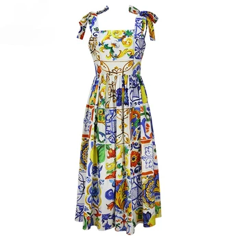 Personaliza Plus Dimensiune Pistă de Moda Rochie de Vara Femei Arc Spaghete Curea Superb imprimeu Floral Midi Rochie de Bumbac vestidos