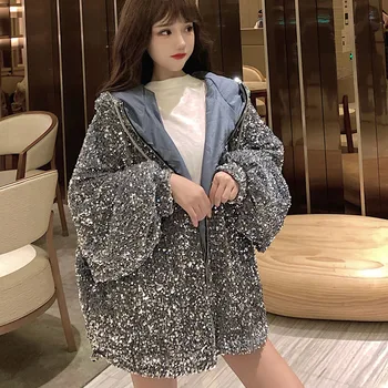 Îmbrăcăminte exterioară Paiete Moda cu Gluga pentru Femei Sacou din Bumbac 2021 Iarna Noi Dimensiuni Mari Gros Vrac coreean Femei Sacou din Bumbac Y92