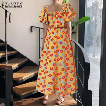 ZANZEA Boem Imprimate Rochie Maxi 2021 Elegant de Vară Puff Maneca Talie Elastic Vestidos Casual Femei-linie de Vacanță Sundress