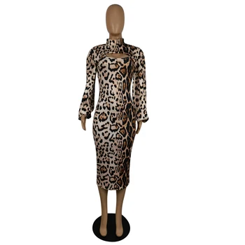 Bonnie Pădure Noua Moda Felinar Cu Maneci Fusta Cu Imprimeu De Leopard Set De Toamnă Femei Imprimate Slab Din Două Piese Rochie De Petrecere De Club