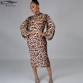 Bonnie Pădure Noua Moda Felinar Cu Maneci Fusta Cu Imprimeu De Leopard Set De Toamnă Femei Imprimate Slab Din Două Piese Rochie De Petrecere De Club
