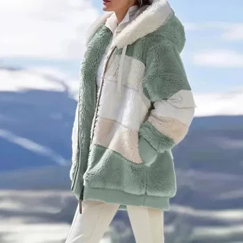 Femei Maneca Lunga Plus Dimensiunea Vrac Îmbrăcăminte Exterioară Cald 2021 Haina De Iarna De Moda De Pluș Mozaic Buzunar Cu Fermoar Noi Jachete Cu Gluga Doamna