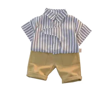 Copil nou Haine de Vară Set Toddler Copii Băiat Domn Tricou cu Dungi+solid pantaloni Scurti pentru Fete de Personalitate Fata Buton de Haine
