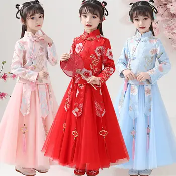 Fată Chineză Cheongsam Hanfu Broderie Rochie Copii Costum Printesa De Nunta Aodai Copii Qipao Florale Vestidos Petrecere De Seara