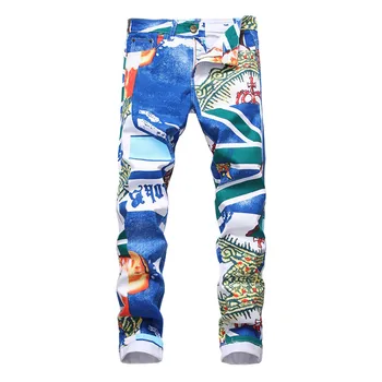Moda pentru bărbați 3D Model Slim Skinny Tipărite Blugi de culoare Alb Albastru Denim Stretch Pantaloni pentru Adolescenți Peste Flori