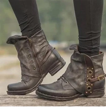 Kadın yarım çizmeler kadın kadın sonbahar ve kıș Retro düşük topuklar bayanlar PU deri ayakkabı bağbozumu Zip botları Picătură Shipp
