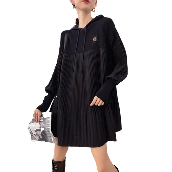 LANMREM 2021 toamnă și de iarnă mini largi tricotate hanorac cu guler toate-meci de streetwear negru rochie pentru femei de moda valul 2A2462