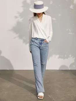 Amii Minimalism Primăvară Noua Bluza Femei de Cauzalitate Solid Vneck Modal Liber Feminin Tricou Oficial Lady pentru Femei Tricou Topuri 12140368