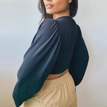 Sexy Strapless V-gât Adânc Femei Trunchiate Bluza cu Maneci Lungi din Dantela-Up Vrac Solid Doamnelor Bluze de Vară 2021 Moda Topuri Casual