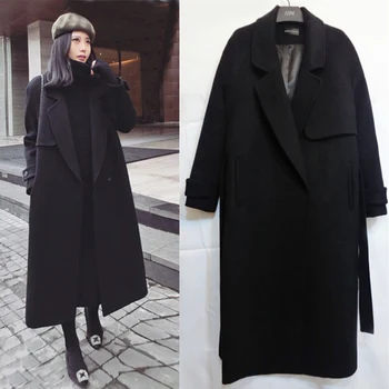Coreeană Haina de Iarna pentru Femei Lână Cașmir Haina 2020 Noua Moda mult Timp Liber Haină de Lână Neagră Subțire cu mâneci Lungi de Lână, Îmbrăcăminte exterioară