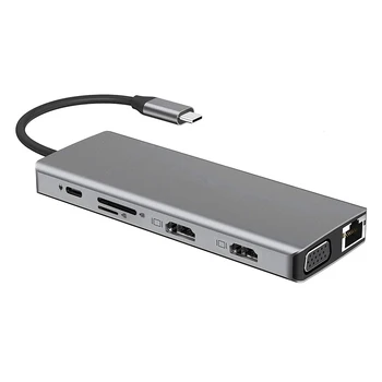12 în 1 Tip C Hub USB Triplu Afișaj VGA, Ethernet Dual HDMI-USB Compatibil Adaptor de C Docking Station pentru Notebook-uri Desktop