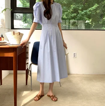 2021 Femei Rochie De Vara-O Singură Bucată Coreean Puff Sleeve Slim De Birou Eleganta Midi Rochie Vintage Cu Talie Înaltă Casual Rochie Plisată Doamna