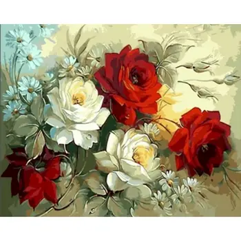 Imagini De Numărul de Flori Decor Acasă Pictura De Număr Roșu și Alb, Bujori DIY Pânză Desen Handpainted Decor de Perete de Arta