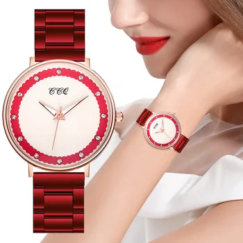 Coreea de Lux pentru femei Ceasuri de mână de Afaceri Roșu din Oțel Inoxidabil Curea Dantelă Diamant Doamnelor Cuarț Ceas Pentru Femei Brățară Femme