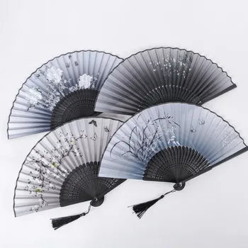Chinese style summer dance decoration folding fan，Bamboo wood Silk，Printed hand fan，Special outdoor portable gift folding fan