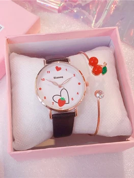 Ceas Fete de Căpșuni de Dragoste Roz Ceasuri Curea de Piele Drăguț pentru Copii Ceasuri de mana de Cirese Bratara Cadouri pentru Copii Fata de Ulzzang